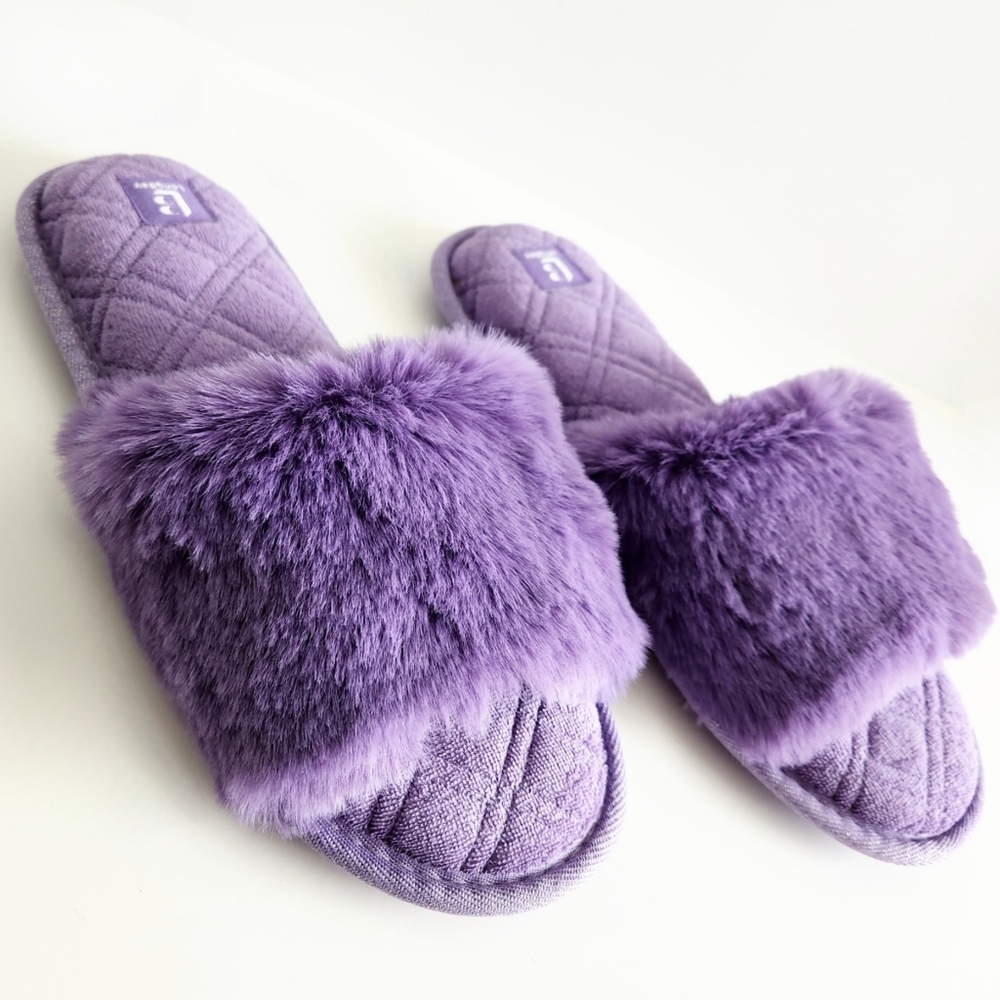 LongBay New Purple Faux Fur Slippers, Cushioned Luxury Slides, Size Large 9 - Picture 2 of 14